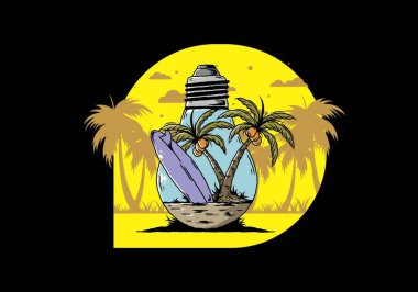 Hindistancevizi ağacı ve ampulün içinde sörf tahtası tasarımı