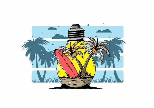 Diseño Ilustrativo Cocotero Tabla Surf Una Lámpara Bombilla — Archivo Imágenes Vectoriales