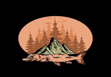 Arapaima balığı ve dağının çizim tasarımı