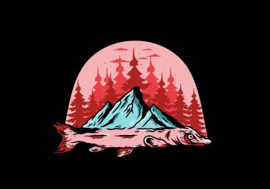 Arapaima balığı ve dağının çizim tasarımı