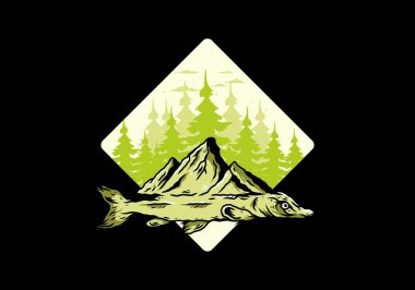 Arapaima balığı ve dağının çizim tasarımı