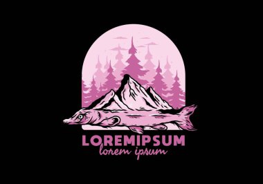 Arapaima balığı ve dağının çizim tasarımı