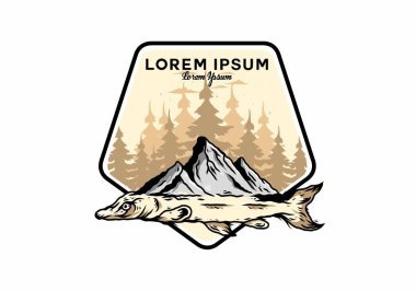 Arapaima balığı ve dağının çizim tasarımı