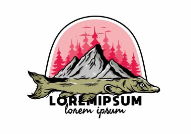 Arapaima balığı ve dağının çizim tasarımı