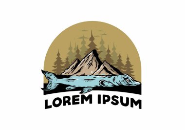 Arapaima balığı ve dağının çizim tasarımı