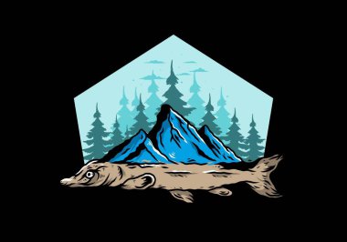 Arapaima balığı ve dağının çizim tasarımı