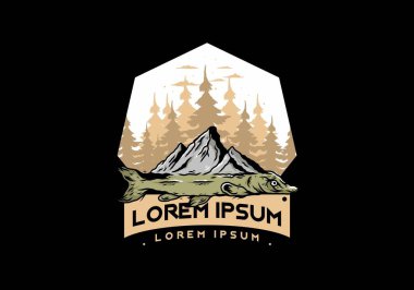 Arapaima balığı ve dağının çizim tasarımı