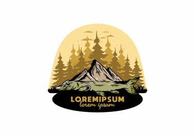 Arapaima balığı ve dağının çizim tasarımı