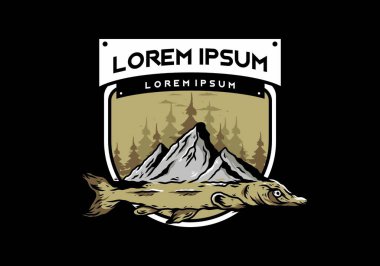 Arapaima balığı ve dağının çizim tasarımı