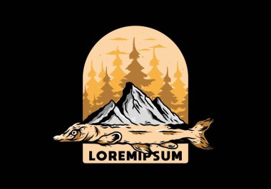 Arapaima balığı ve dağının çizim tasarımı