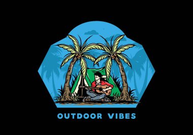 Hindistan cevizi ağaçları arasında çadırın önünde gitar çalan bir adamın tasarımı.