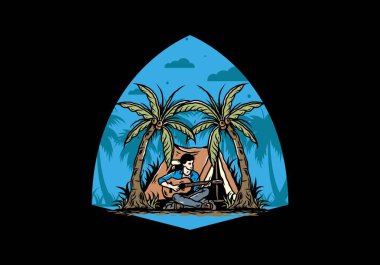 Hindistan cevizi ağaçları arasında çadırın önünde gitar çalan bir adamın tasarımı.