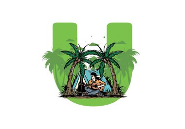 Hindistan cevizi ağaçları arasında çadırın önünde gitar çalan bir adamın tasarımı.