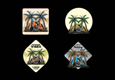 Hindistan cevizi ağaçları arasında çadırın önünde gitar çalan bir adamın tasarımı.