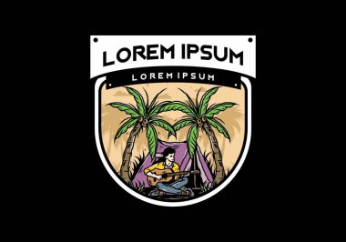 Hindistan cevizi ağaçları arasında çadırın önünde gitar çalan bir adamın tasarımı.