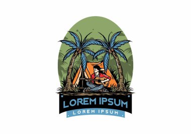 Hindistan cevizi ağaçları arasında çadırın önünde gitar çalan bir adamın tasarımı.