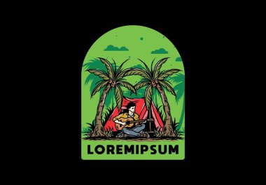 Hindistan cevizi ağaçları arasında çadırın önünde gitar çalan bir adamın tasarımı.