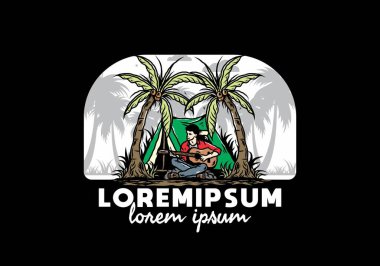 Hindistan cevizi ağaçları arasında çadırın önünde gitar çalan bir adamın tasarımı.