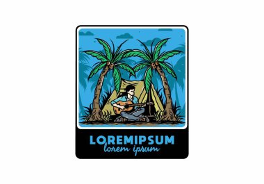 Hindistan cevizi ağaçları arasında çadırın önünde gitar çalan bir adamın tasarımı.