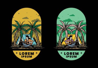 Hindistan cevizi ağaçları arasında çadırın önünde gitar çalan bir adamın tasarımı.