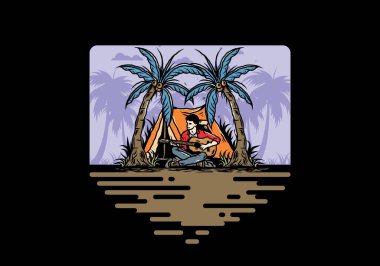 Hindistan cevizi ağaçları arasında çadırın önünde gitar çalan bir adamın tasarımı.