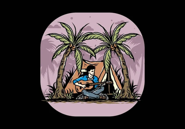一个在椰树之间帐篷前拿着吉他的男人的图解设计 — 图库矢量图片