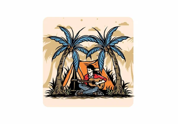 Иллюстрационный Дизайн Человека Гитарой Перед Палаткой Между Кокосовыми Пальмами — стоковый вектор
