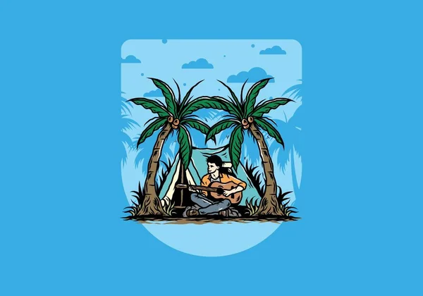 Иллюстрационный Дизайн Человека Гитарой Перед Палаткой Между Кокосовыми Пальмами — стоковый вектор