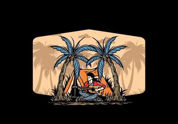 一个在椰树之间帐篷前拿着吉他的男人的图解设计 — 图库矢量图片