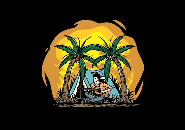 Illustrationsentwurf Eines Mannes Mit Gitarre Vor Einem Zelt Zwischen Kokospalmen — Stockvektor