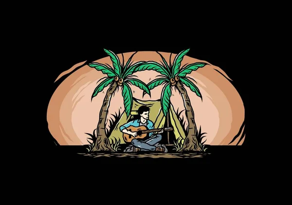 Projekt Ilustracji Człowieka Gitarą Przed Namiotem Między Drzewami Kokosowymi — Wektor stockowy