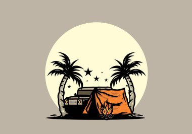 Hindistan cevizi ağacı arasında bir kamp çadırının çizimi.