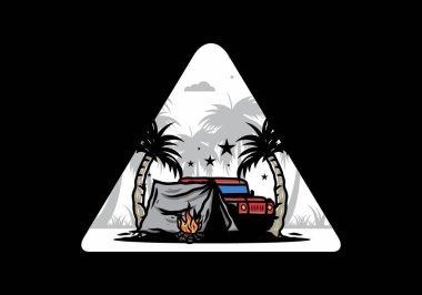 Hindistan cevizi ağacı arasında bir kamp çadırının çizimi.