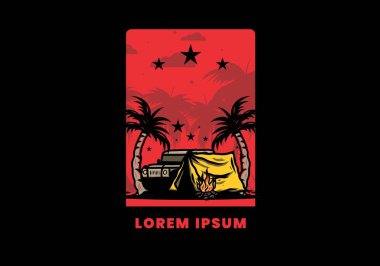 Hindistan cevizi ağacı arasında bir kamp çadırının çizimi.