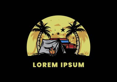 Hindistan cevizi ağacı arasında bir kamp çadırının çizimi.