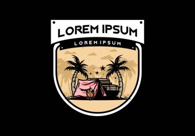 Hindistan cevizi ağacı arasında bir kamp çadırının çizimi.