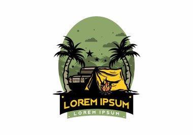 Hindistan cevizi ağacı arasında bir kamp çadırının çizimi.