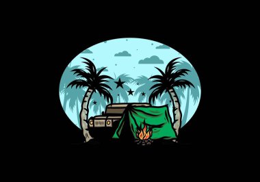 Hindistan cevizi ağacı arasında bir kamp çadırının çizimi.