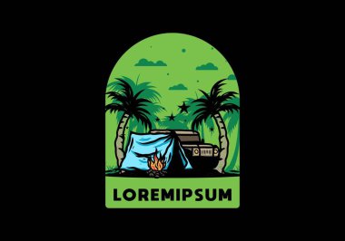 Hindistan cevizi ağacı arasında bir kamp çadırının çizimi.