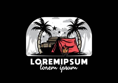 Hindistan cevizi ağacı arasında bir kamp çadırının çizimi.