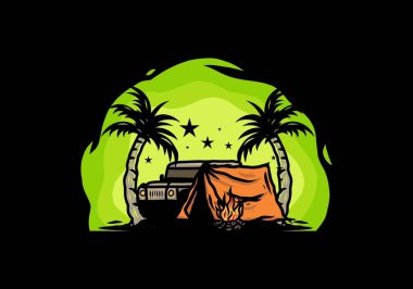 Hindistan cevizi ağacı arasında bir kamp çadırının çizimi.