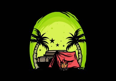 Hindistan cevizi ağacı arasında bir kamp çadırının çizimi.