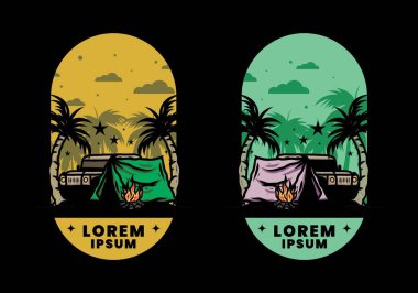 Hindistan cevizi ağacı arasında bir kamp çadırının çizimi.