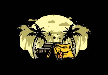 Hindistan cevizi ağacı arasında bir kamp çadırının çizimi.