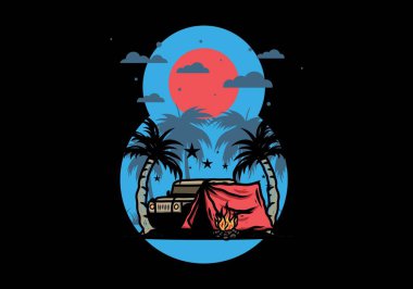 Hindistan cevizi ağacı arasında bir kamp çadırının çizimi.