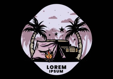 Hindistan cevizi ağacı arasında bir kamp çadırının çizimi.