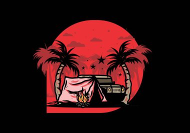 Hindistan cevizi ağacı arasında bir kamp çadırının çizimi.