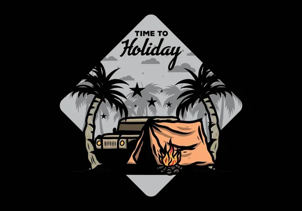 Illustration Design Camping Tent Front Car Coconut Tree — Stock vektor