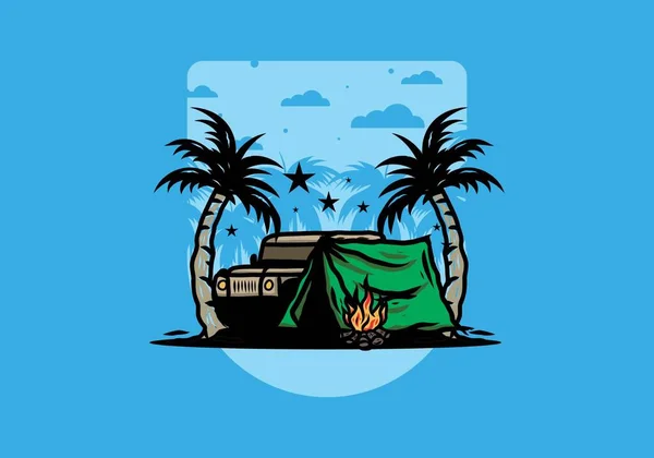 Illustrationsentwurf Eines Zeltes Vor Dem Auto Zwischen Kokospalmen — Stockvektor