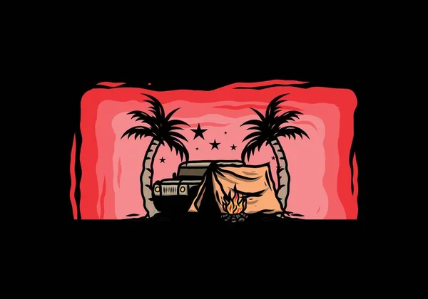 Illustrationsentwurf Eines Zeltes Vor Dem Auto Zwischen Kokospalmen — Stockvektor